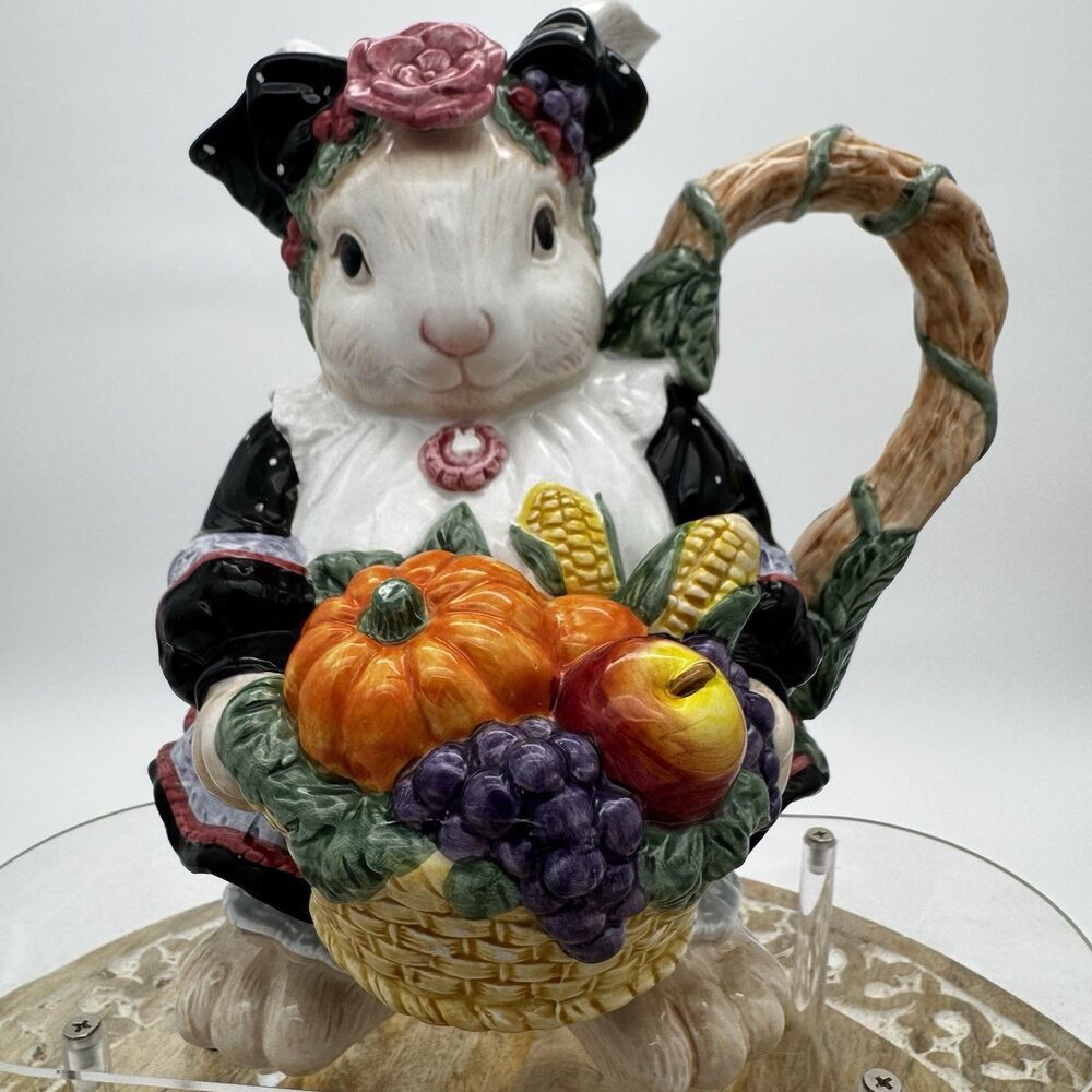 Vtg 1993 Fitz and Floyd 1¼ Qt Ceramic Pitcher Bunny Rabbit Easter Harvest Basket
